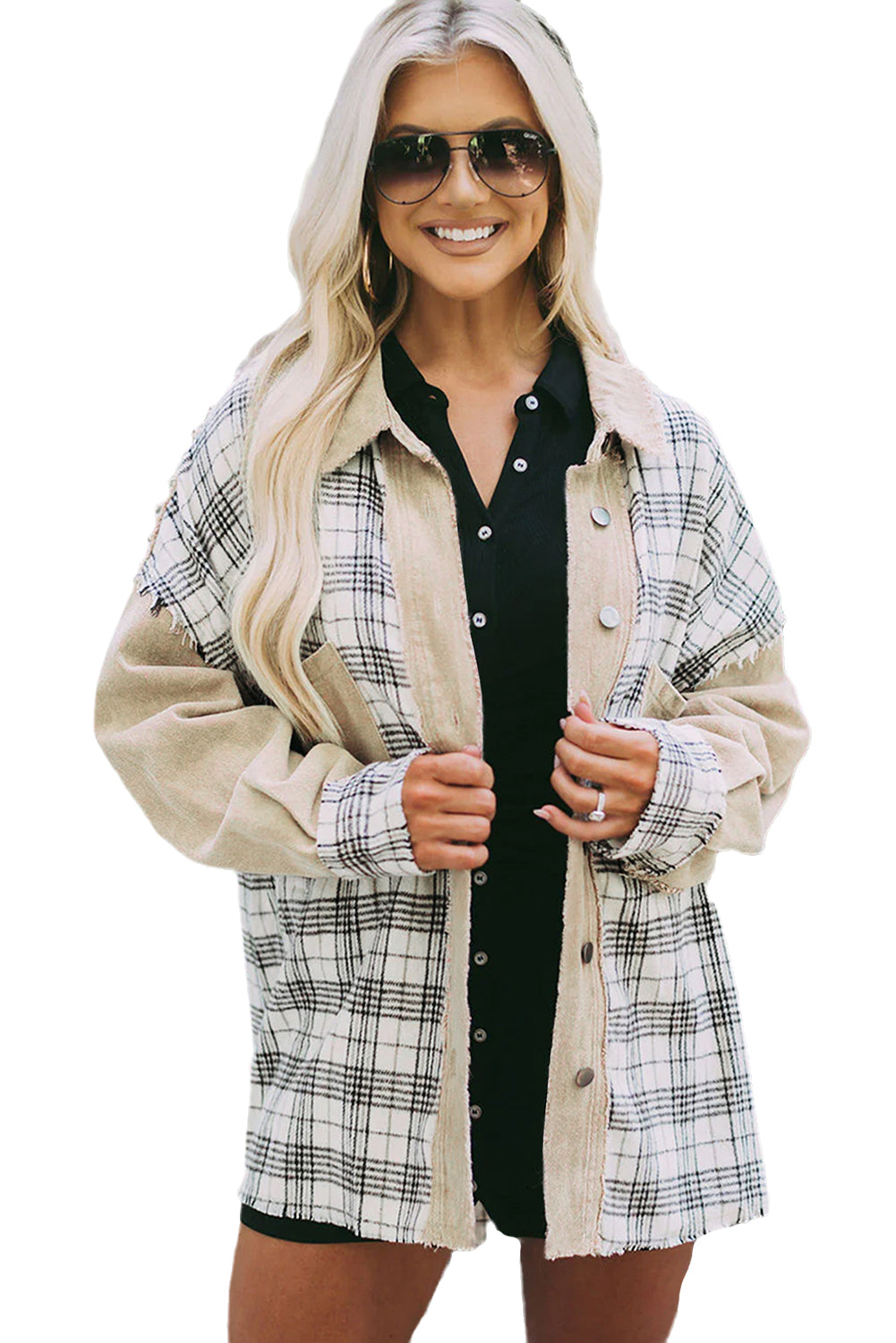 Honeybee Mumford's Khaki Distressed Raw Edge Plaid Patchwork Denim Jacket