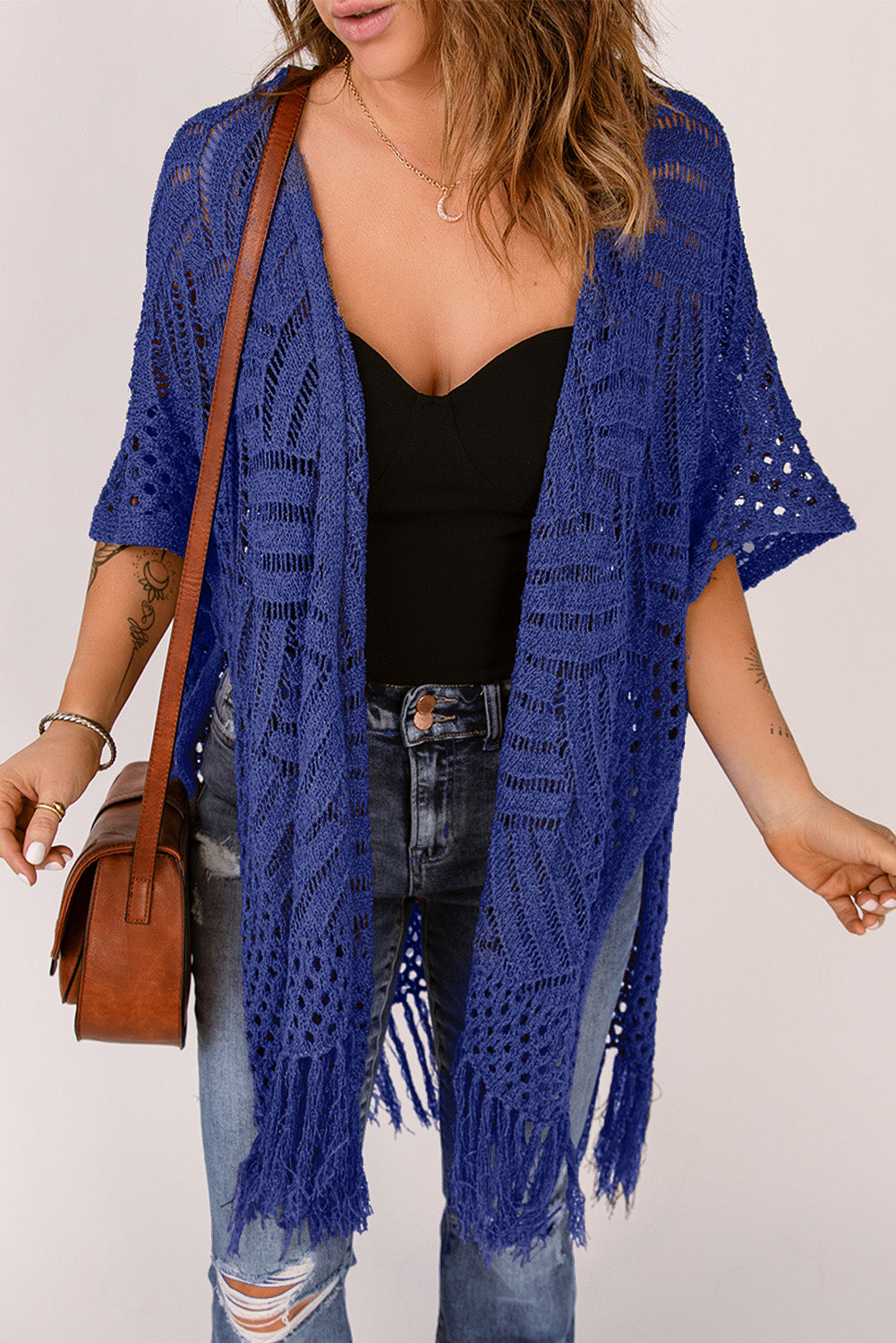 Honeybee Mumford's Openwork Open Front Cardigan with Fringes