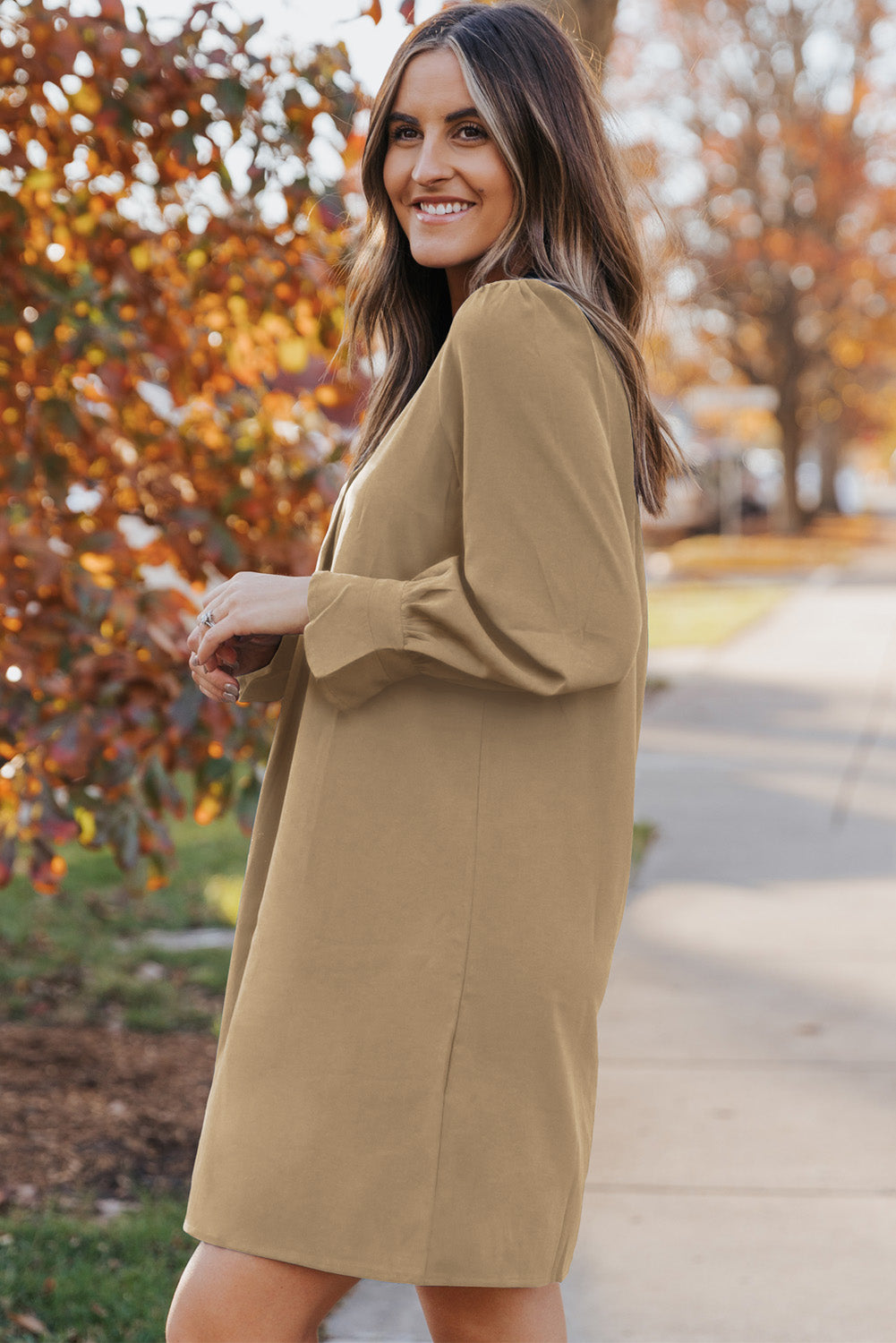 Honeybee Mumford's Long Puff Sleeve Notched Neck Dress