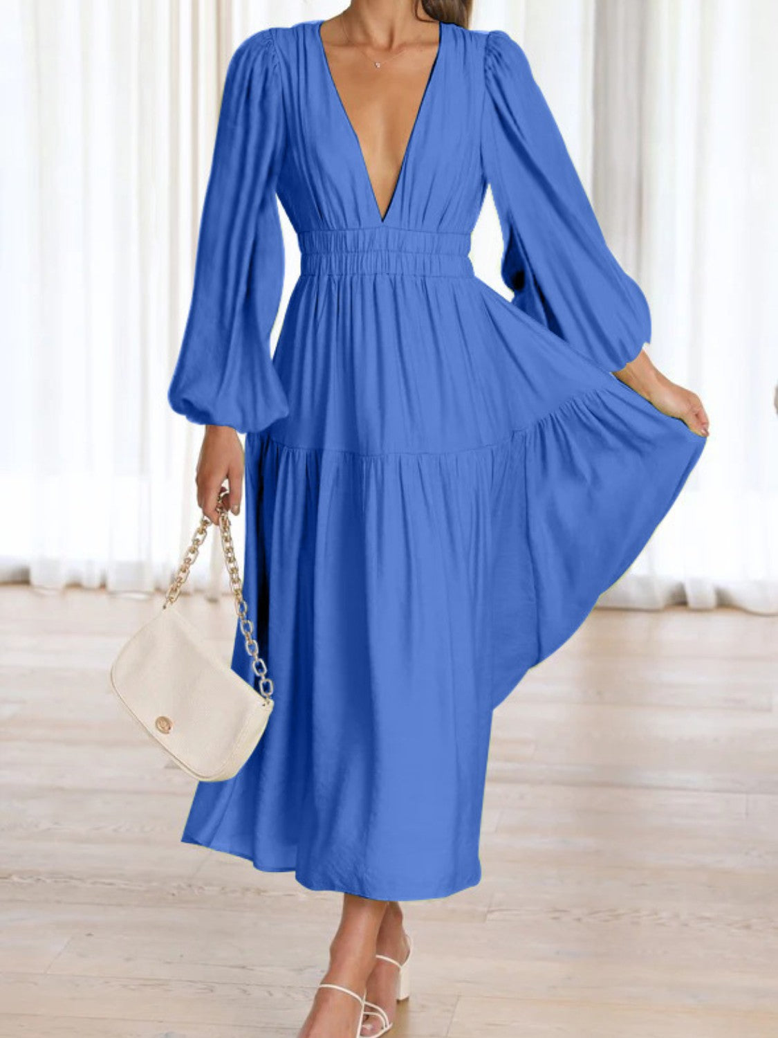 Honeybee Mumford's Deep V-Neck Balloon Sleeve Plain Maxi Dress