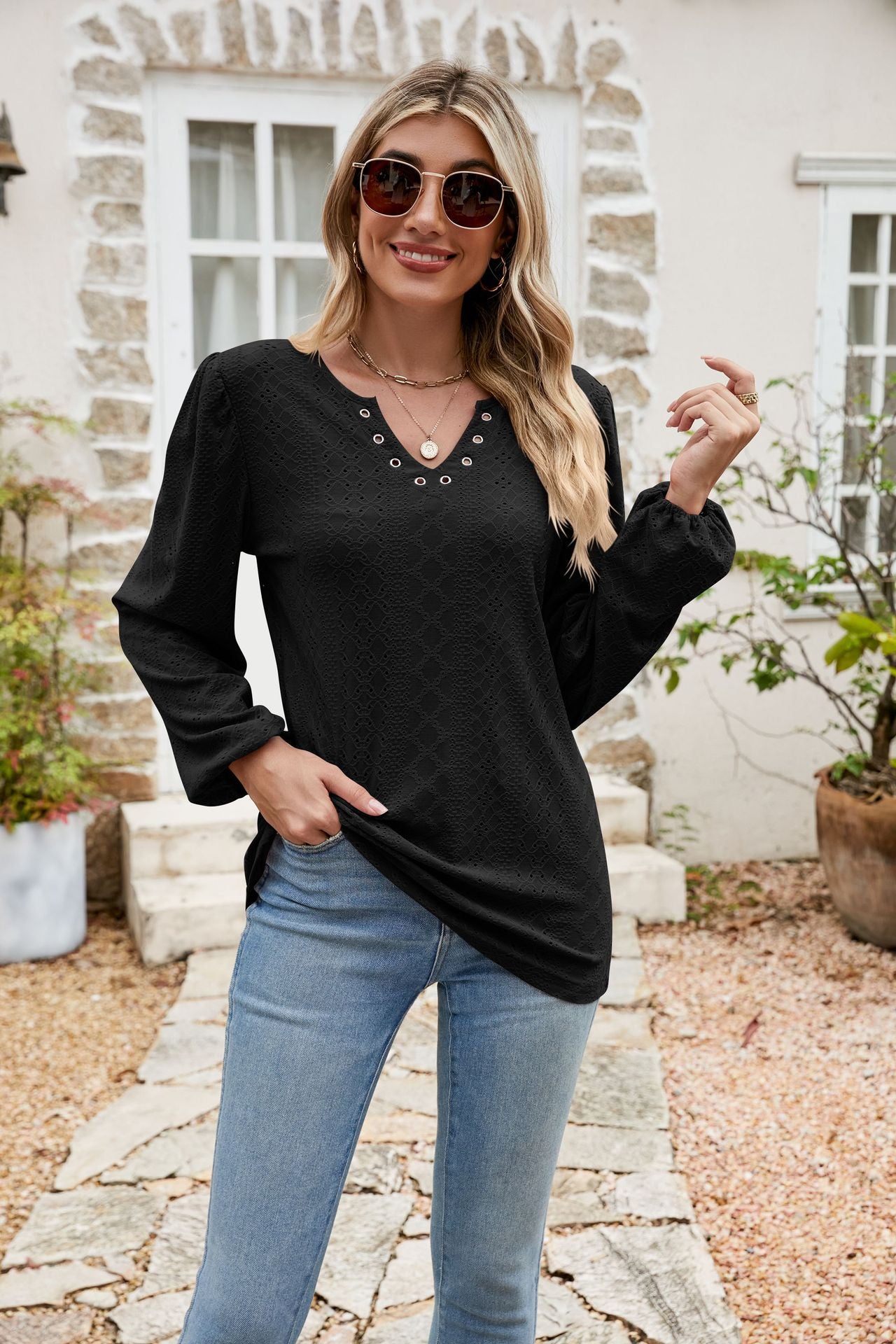 Honeybee Mumford's Eyelet Notched Neck Balloon Sleeve Blouse