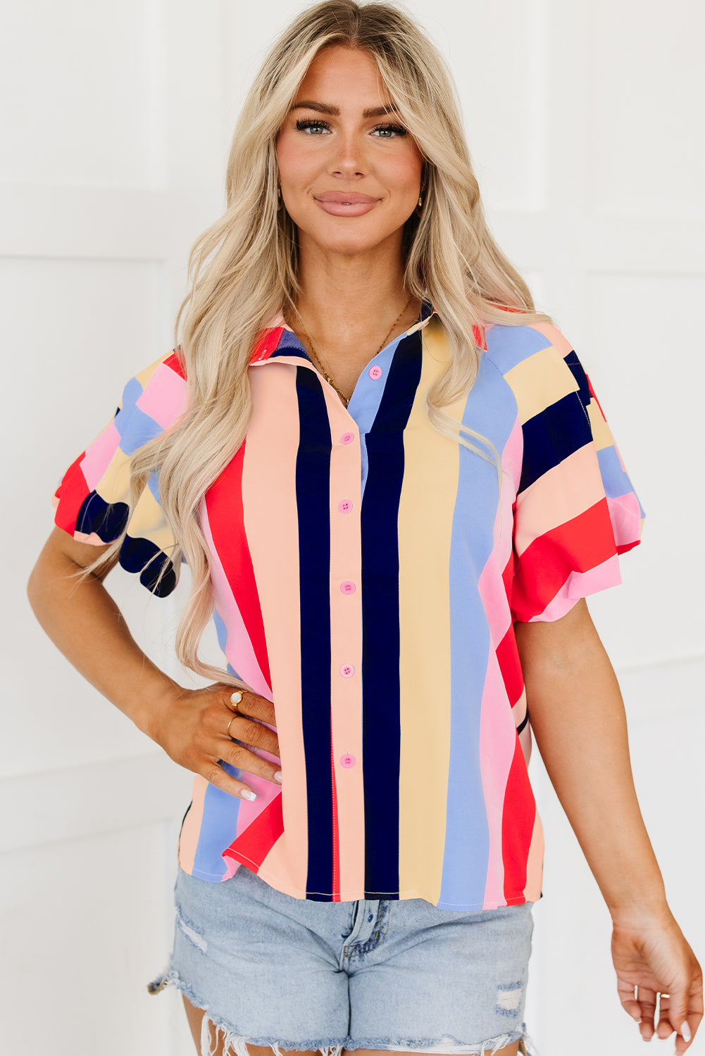 honeybee Mumford's Multicolor Color Block Striped Puff Sleeve Buttoned Shirt