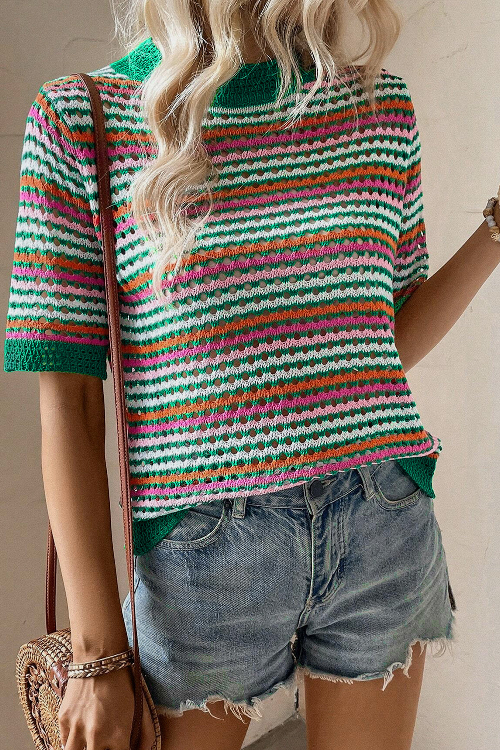 Honeybee Mumford's Dark Green Striped Pattern Contrast Trim Pointelle Knit T Shirt