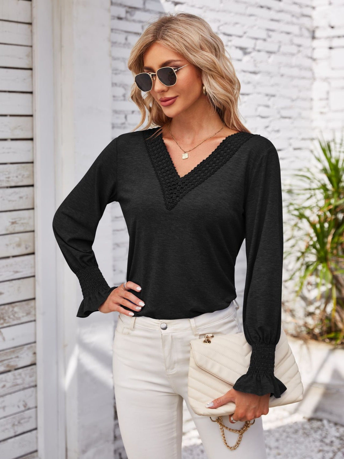 Honeybee Mumford's Smocked V-Neck Long Sleeve Blouse