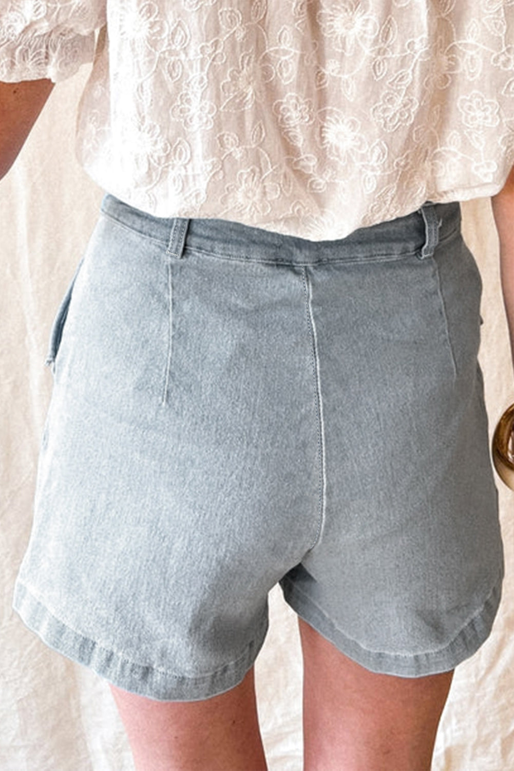 Honeybee Mumford's Beau Blue Ruffled High Waist Flap Pockets Denim Shorts