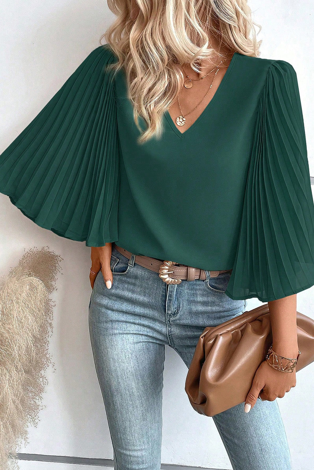 Honeybee Mumford's Pleated Flutter Sleeve V-Neck Blouse