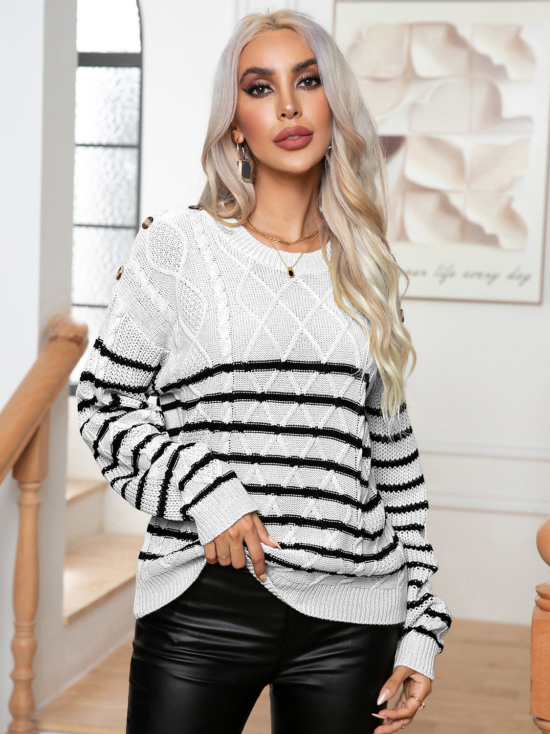 Honeybee Mumford's Striped Round Neck Cable-Knit Sweater