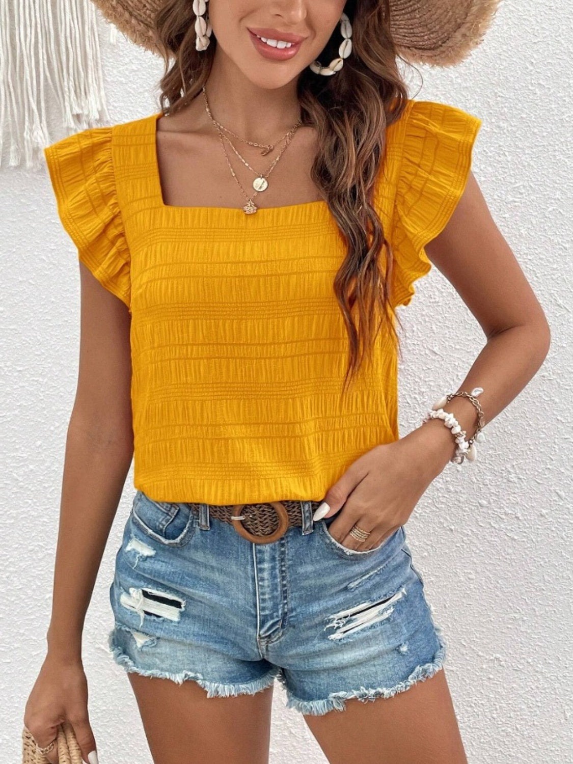 Honeybee Mumford's Ruffled Square Neck Cap Sleeve Blouse