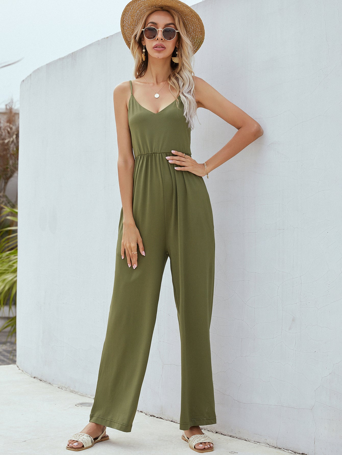 Honeybee Mumford's Adjustable Spaghetti Strap Jumpsuit with Pockets( wine, black and army green colors)