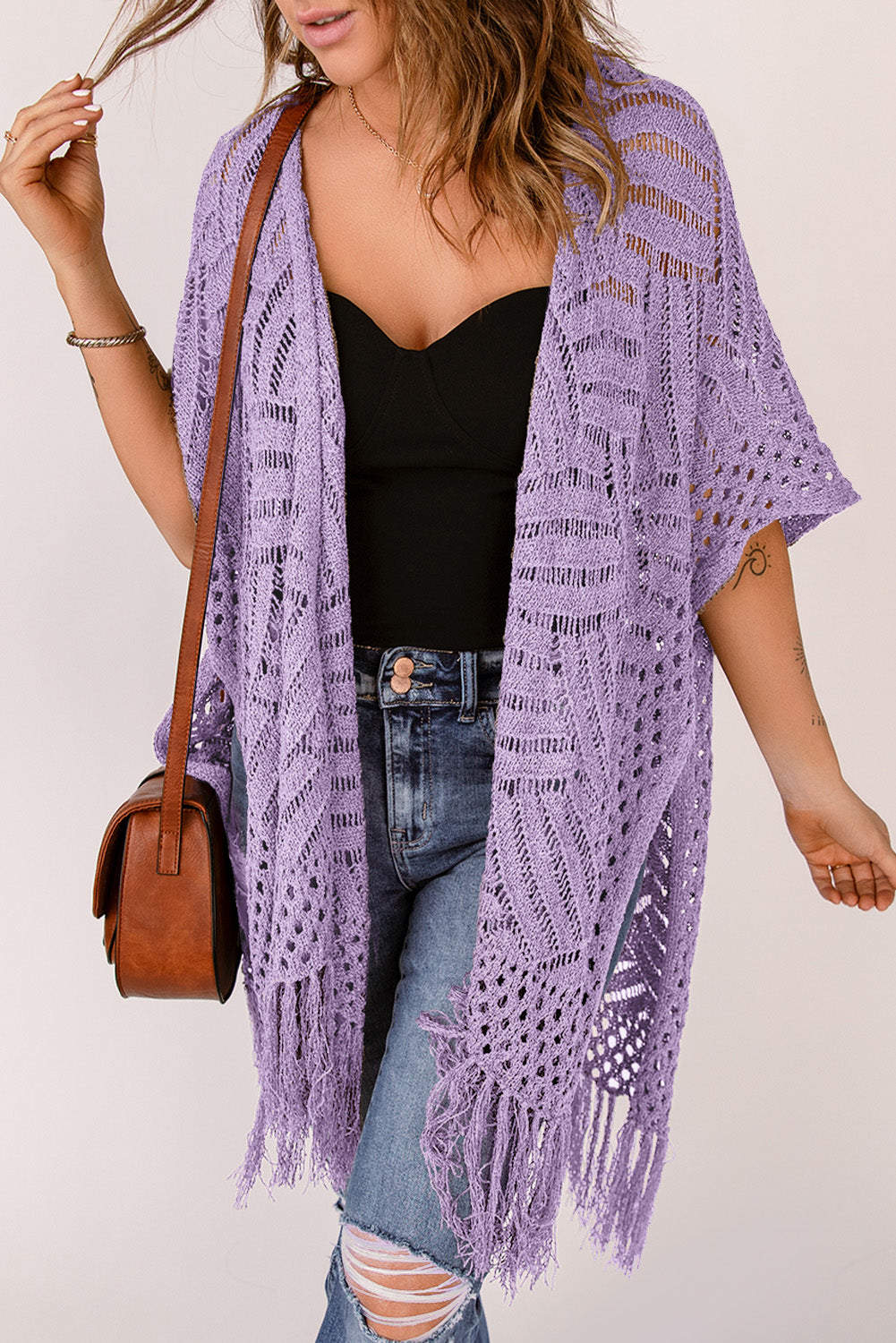 Honeybee Mumford's Openwork Open Front Cardigan with Fringes