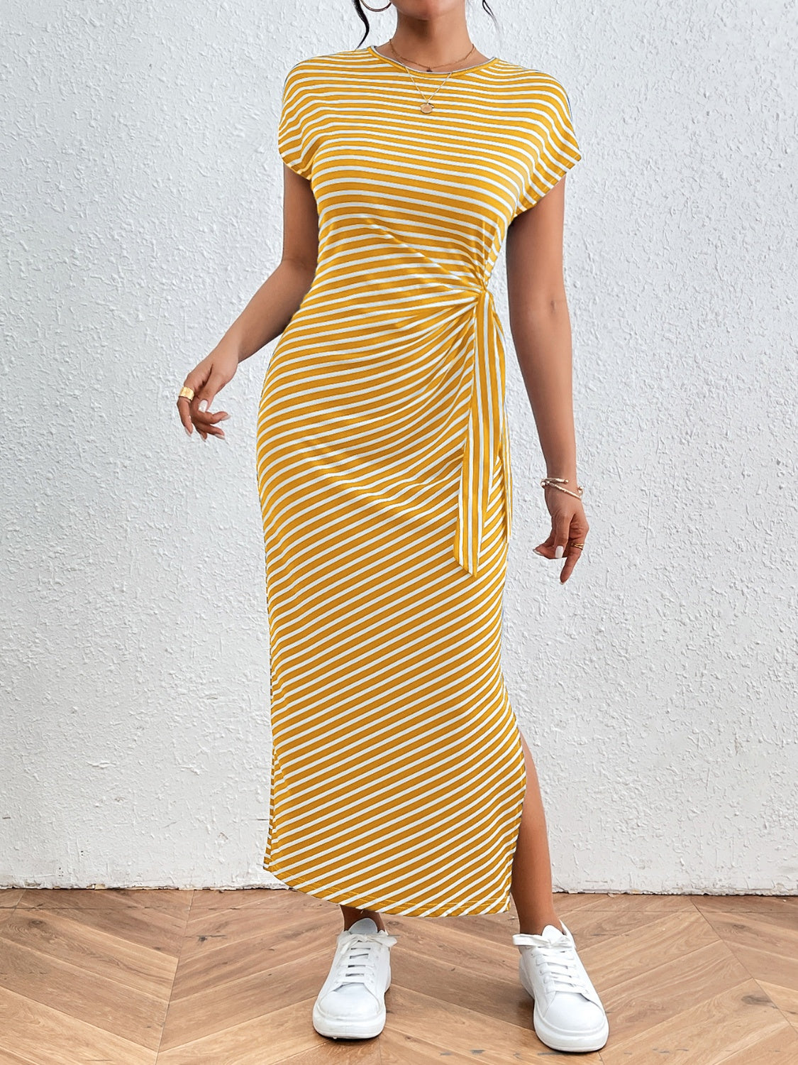 Honeybee Mumford's Tied Striped Round Neck Short Sleeve Tee maxi Dress