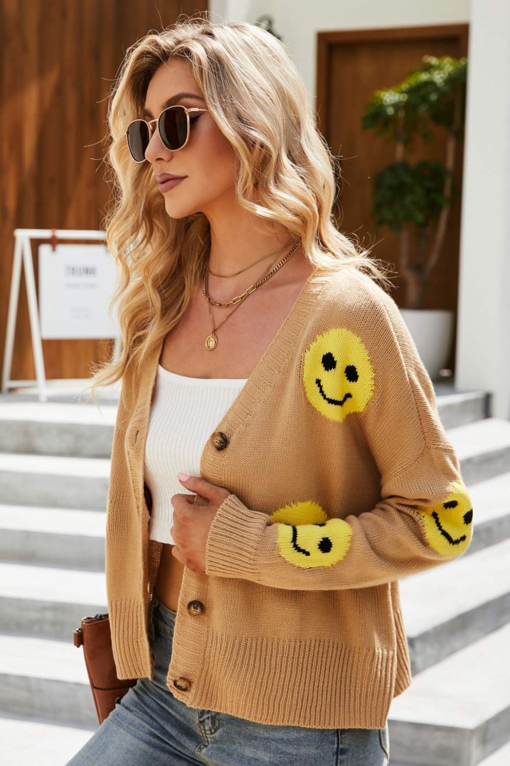 Honeybee Mumford's Smiley Face Ribbed Trim V-Neck Cardigan