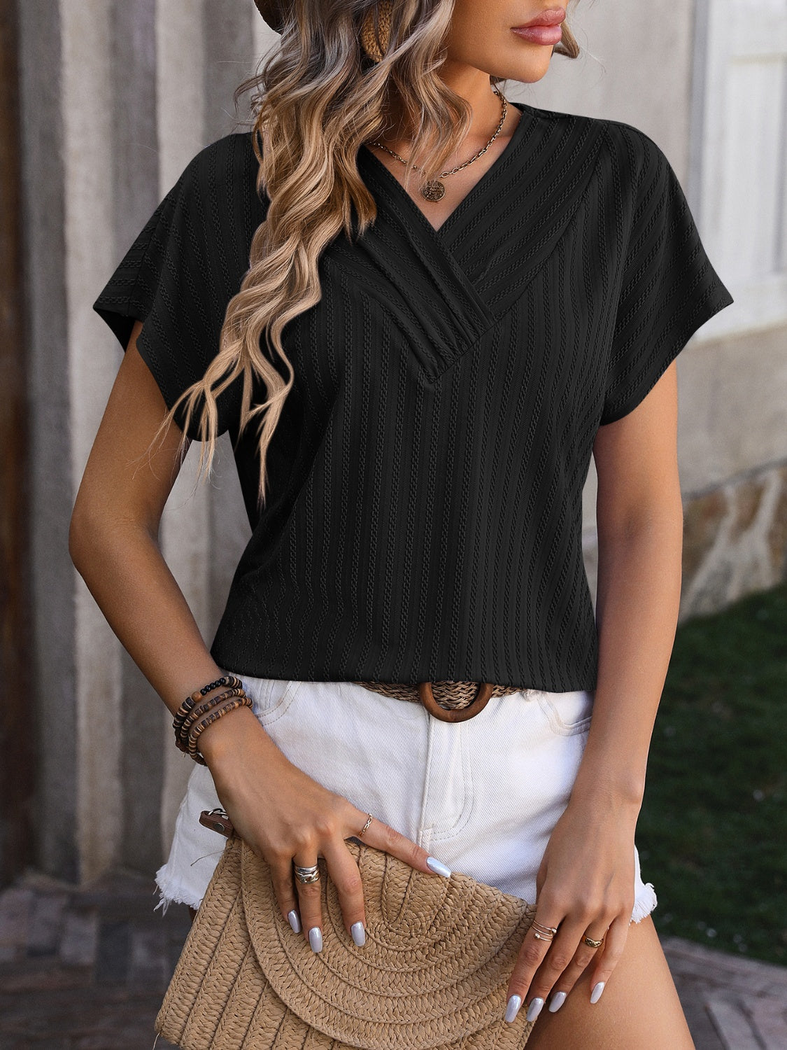 Honeybee Mumford's Textured Surplice Short Sleeve Blouse