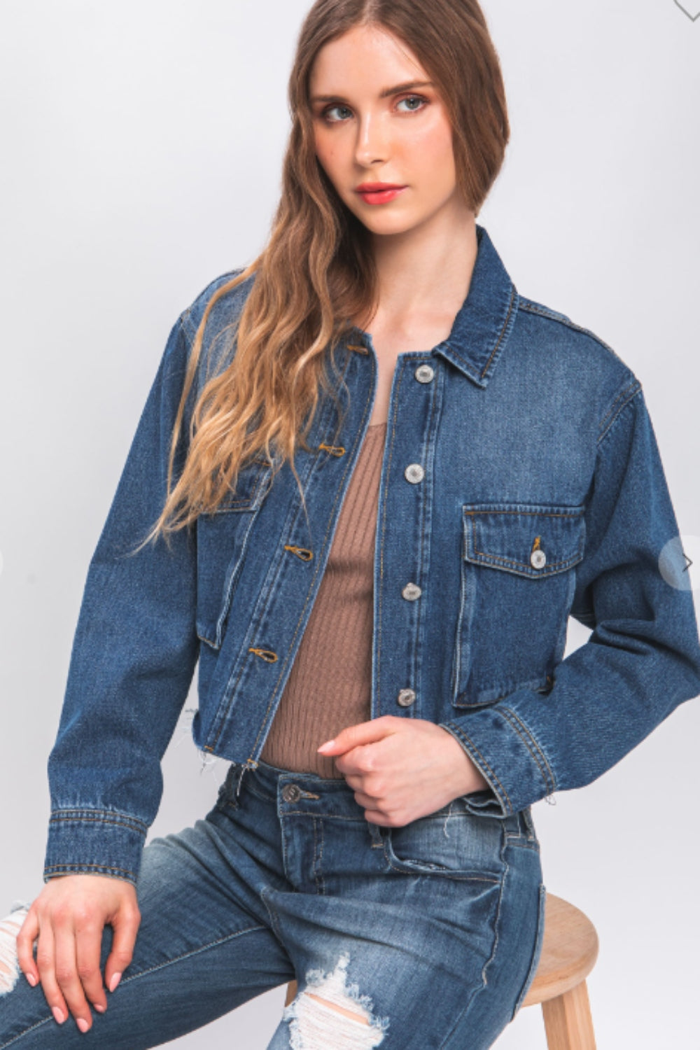 Honeybee Mumford's Love Tree Raw Hem Button Up Cropped Denim Jacket