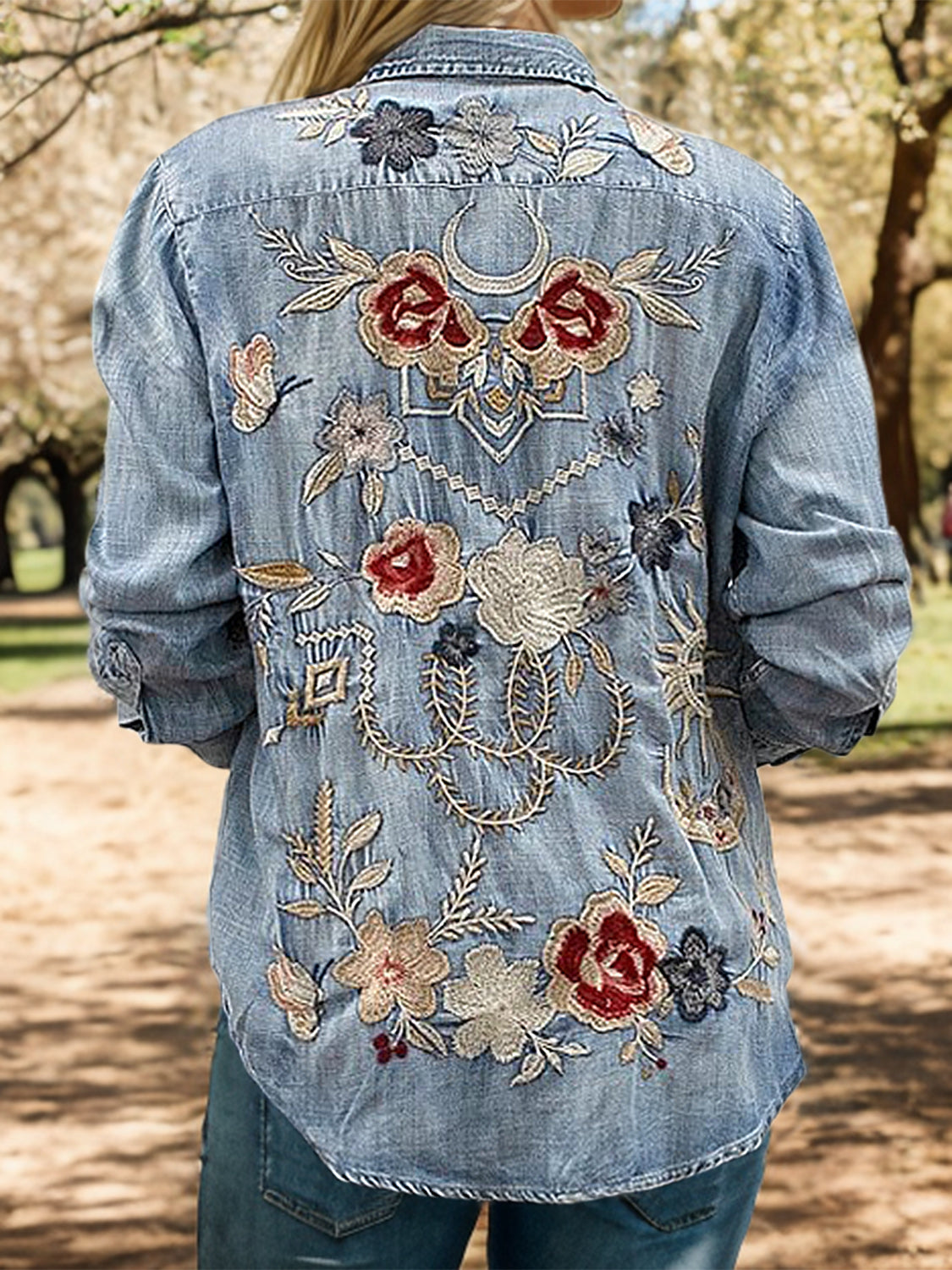 Honeybee Mumford's Embroidered Pocketed Button Up Denim Shirt