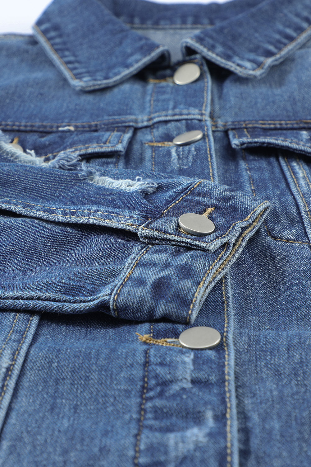 Honeybee Mumford's Blue Lapel Distressed Raw Hem Buttons Denim Jacket