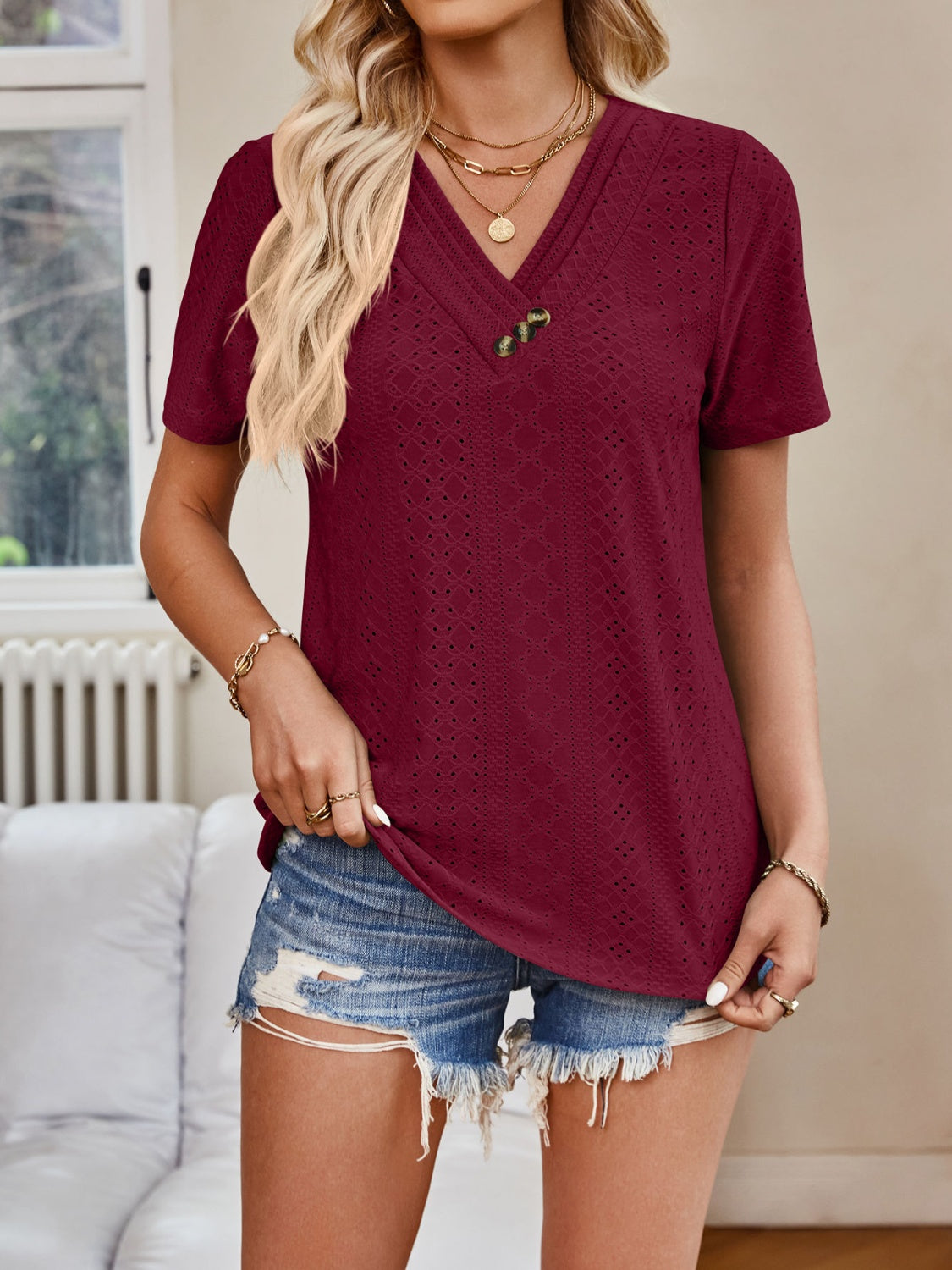 Honeybee Mumford's Eyelet V-Neck Short Sleeve Top