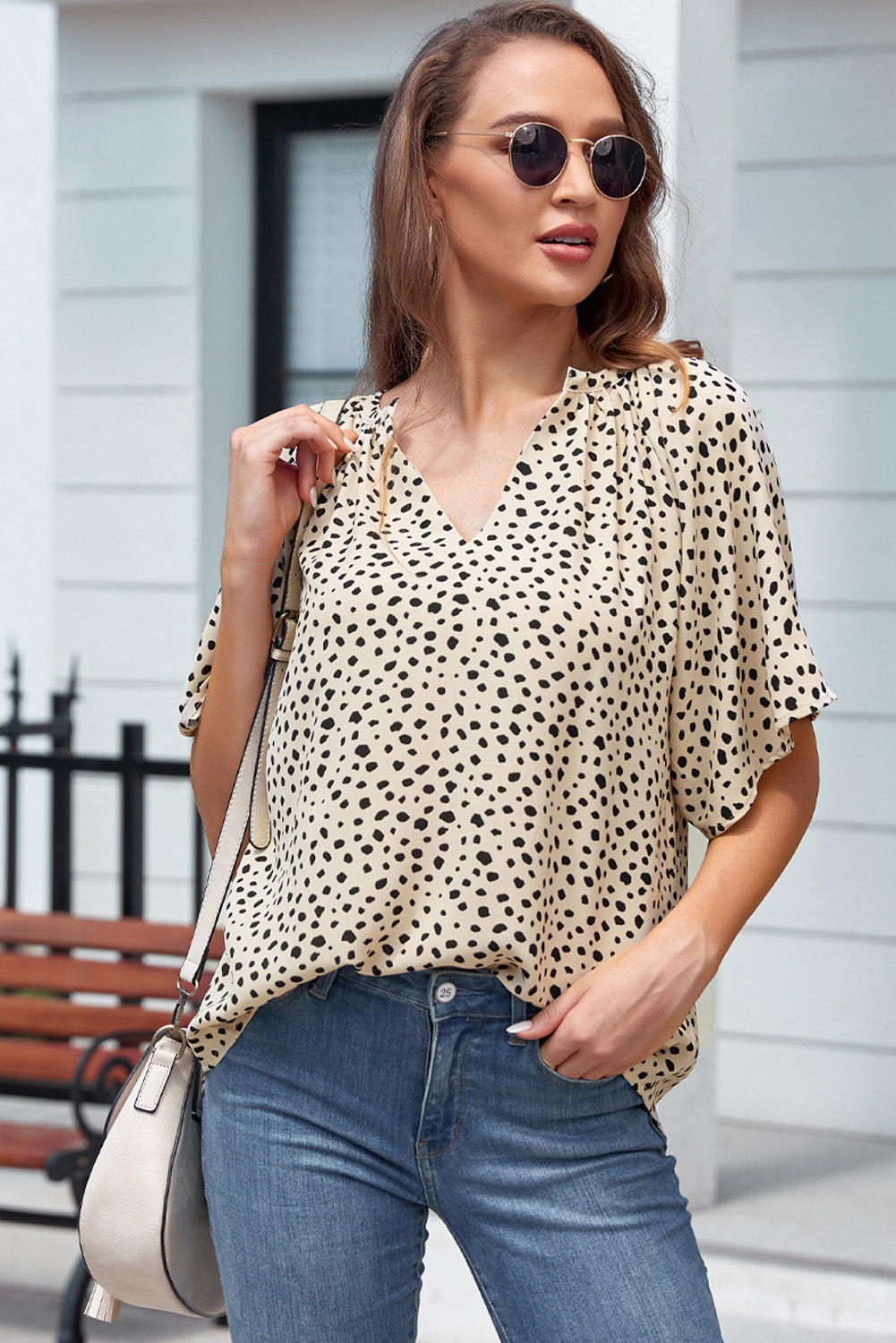 Honeybee Mumford's Ruched Printed Notched Half Sleeve Blouse