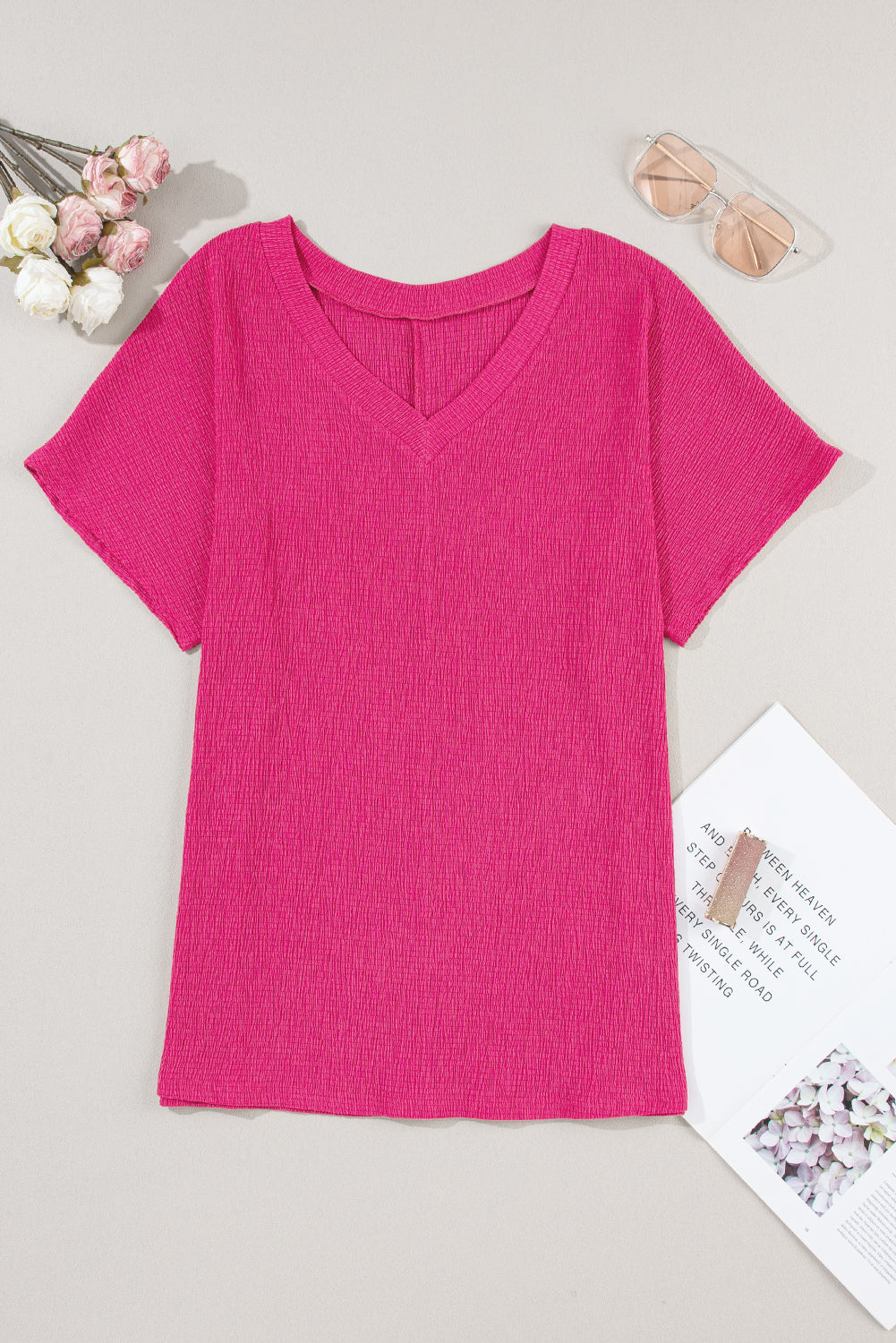 Honeybee Mumford's Bright Pink Crinkled V Neck Wide Sleeve T-shirt