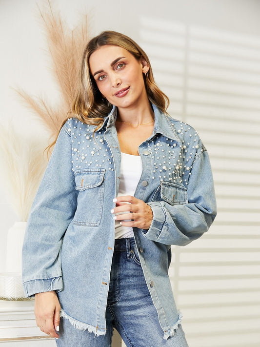 Honeybee Mumford's Collared Neck Raw Hem Dropped Shoulder Denim Jacket