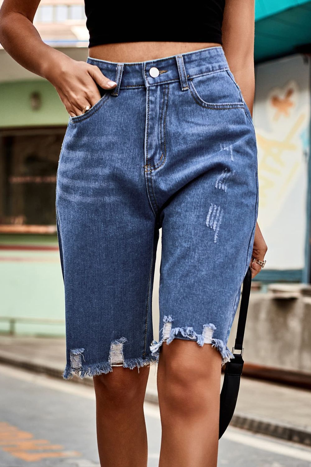 Honeybee Mumford's Raw Hem High Waist Denim Shorts with Pockets