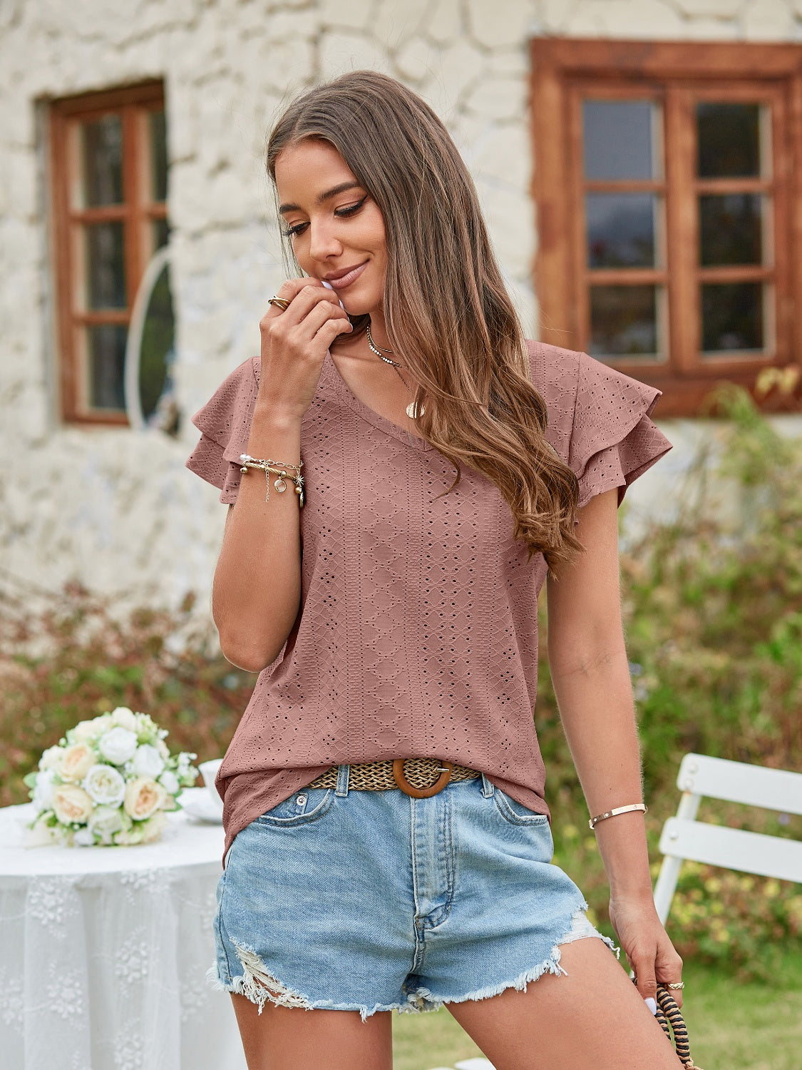 Honeybee Mumford's Eyelet V-Neck Short Sleeve Blouse