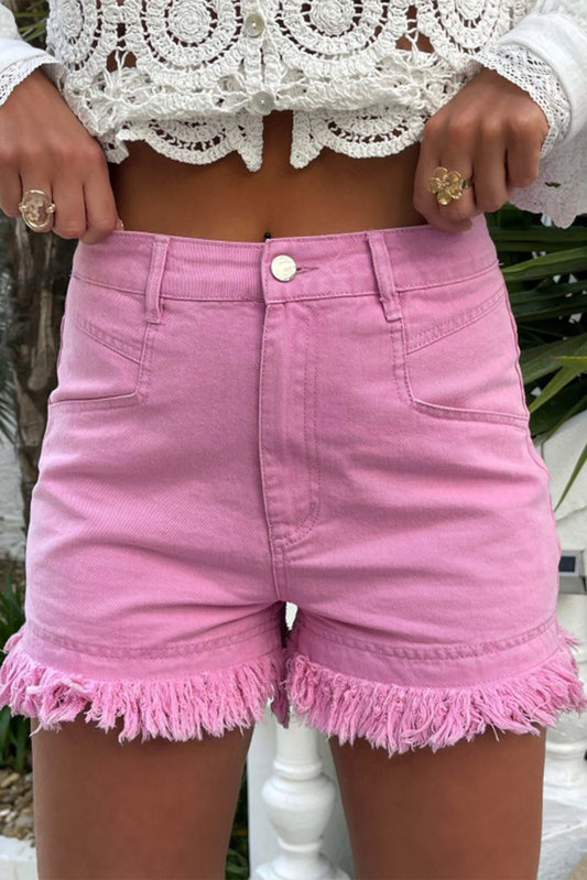 Honeybee Mumford's Pink Frayed Edge Mid Rise Denim Shorts