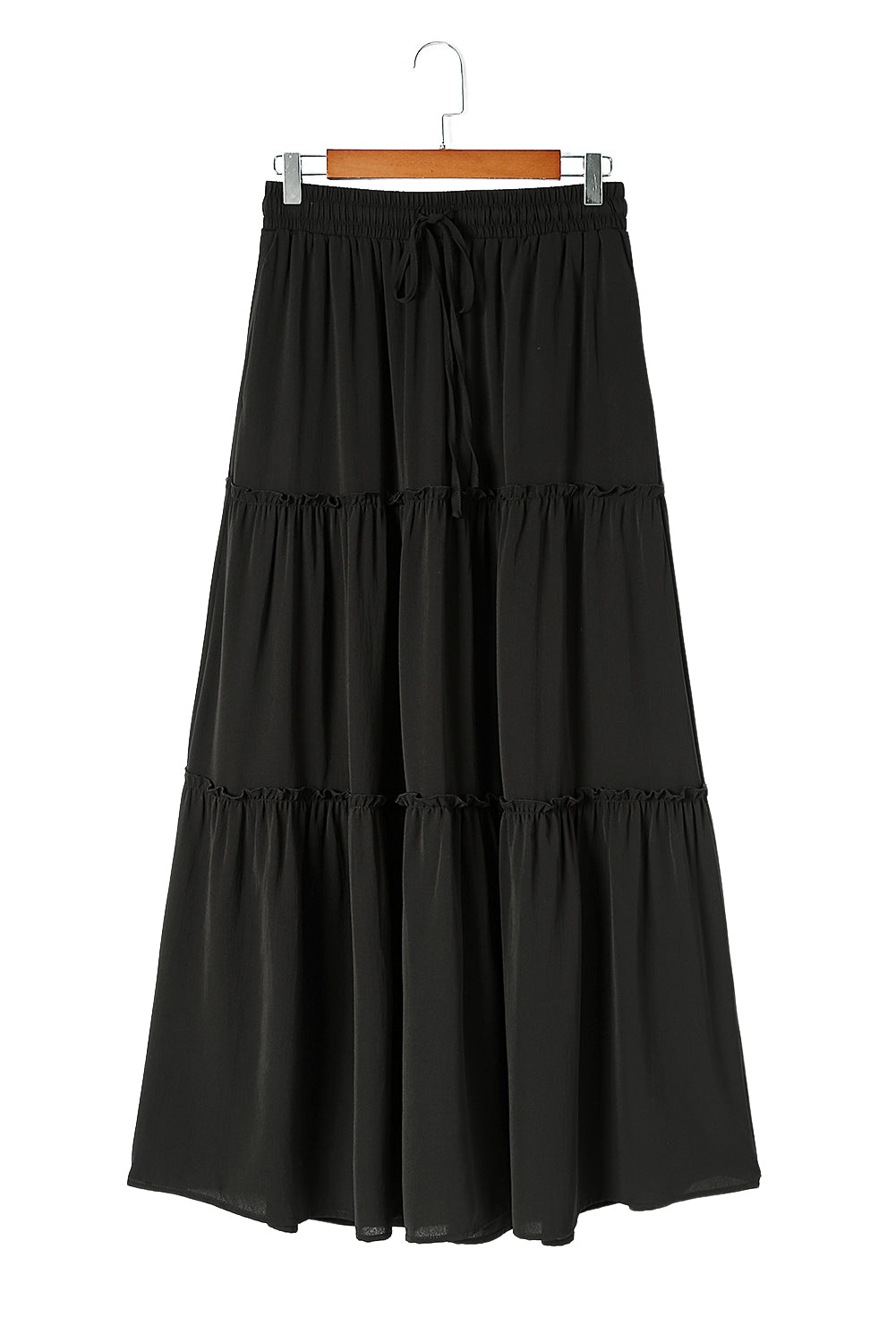 Honeybee Mumford's Black Frill Tiered Drawstring Waist Maxi Skirt