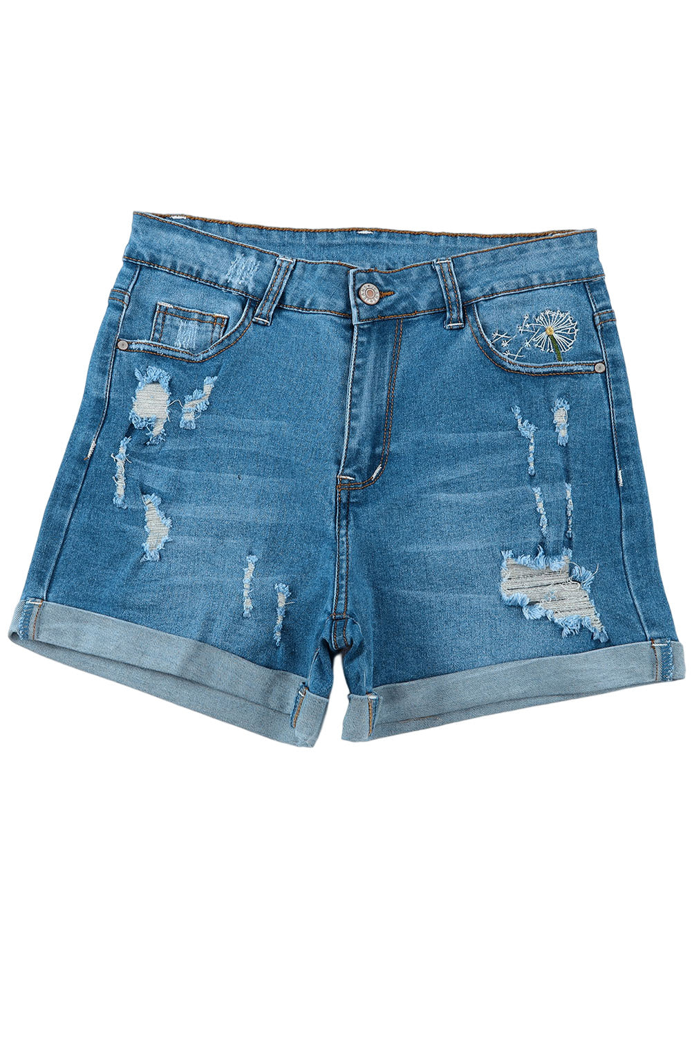 Honeybee Mumford's Sky Blue Dandelion Embroidered Ripped Denim Shorts