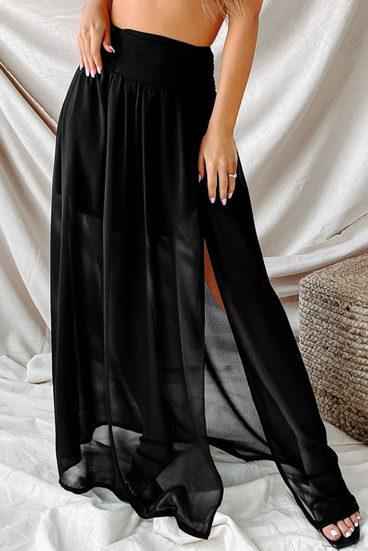 Honeybee Mumford's Black Shirred High Waist Chiffon Split Beach Maxi Skirt