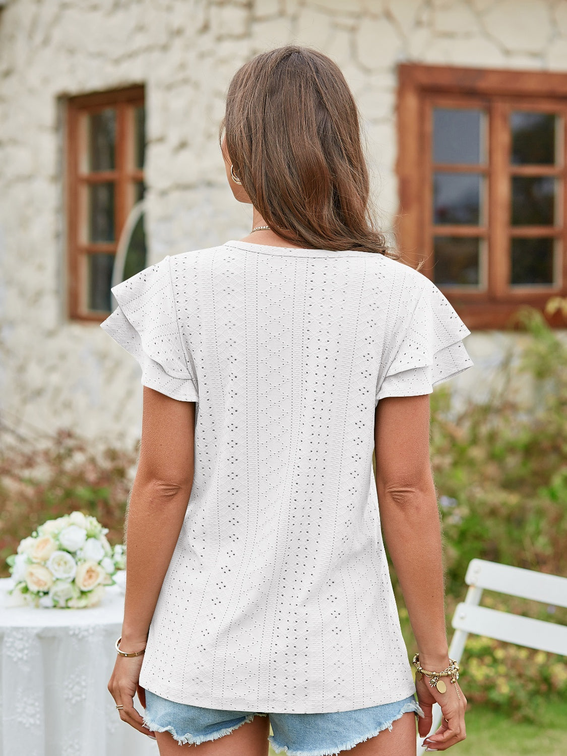 Honeybee Mumford's Eyelet V-Neck Short Sleeve Blouse