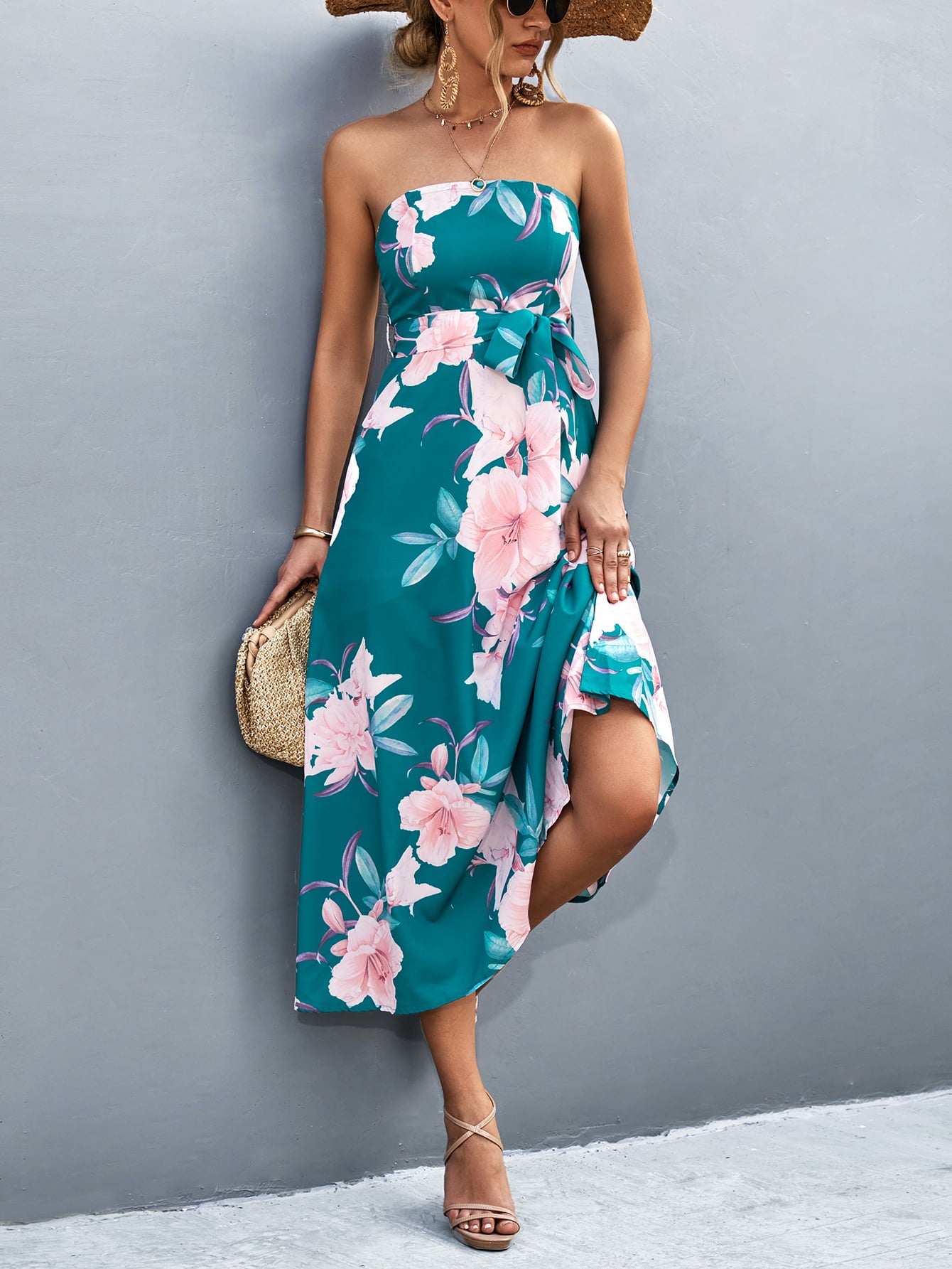 Honeybee Mumford's Floral Print Tie Waist Straight Neck Midi Dress