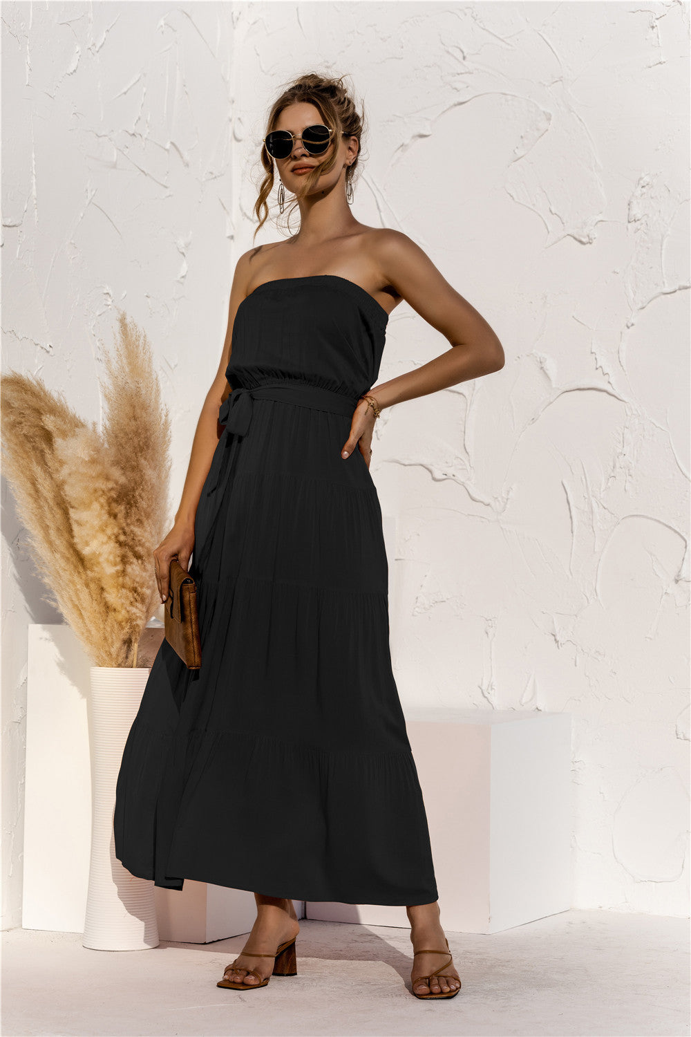 Honeybee Mumford's Strapless Tie Waist Tiered Maxi Dress