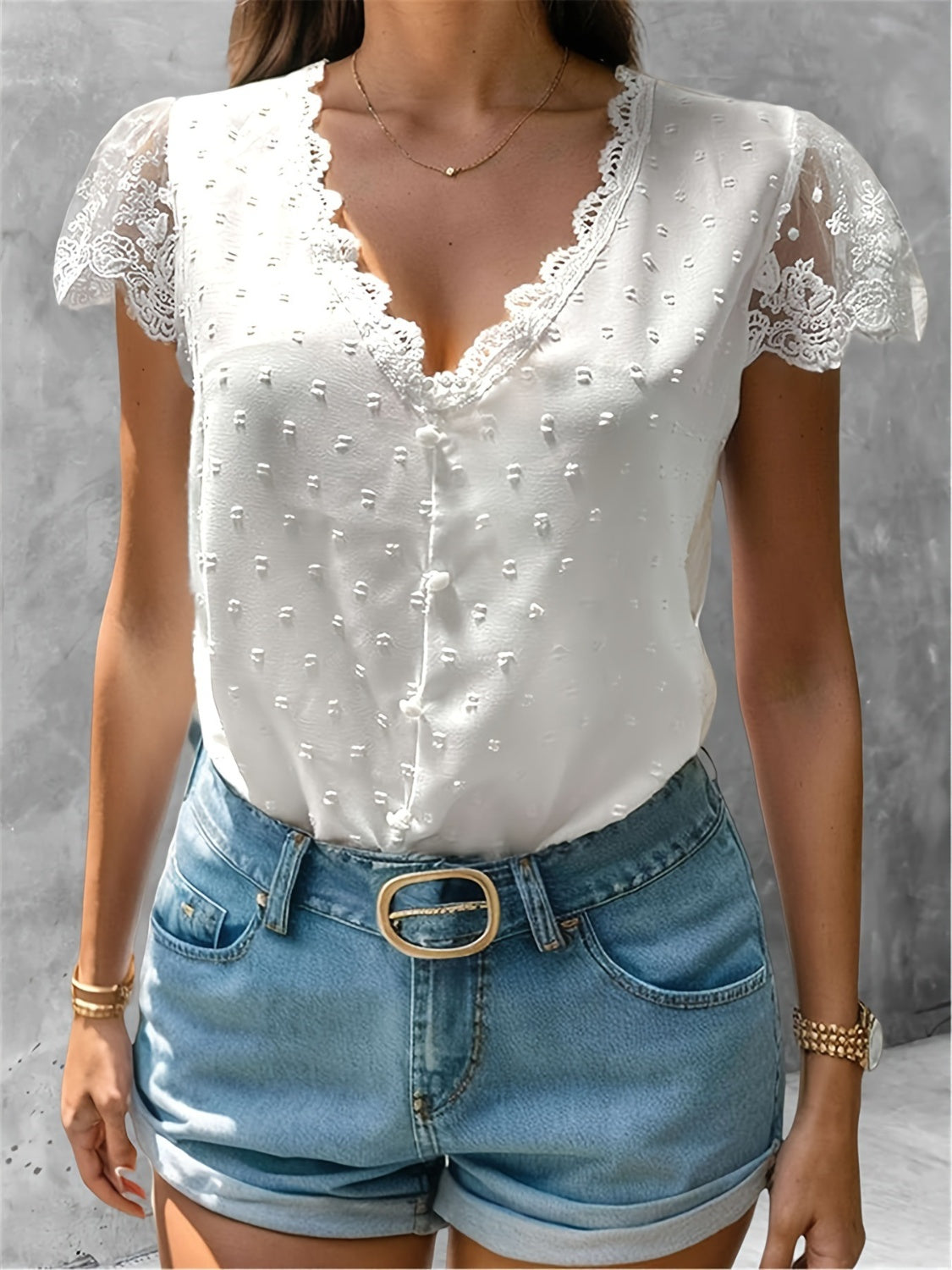 Honeybee Mumford's Swiss Dot Lace Detail V-Neck Cap Sleeve Blouse