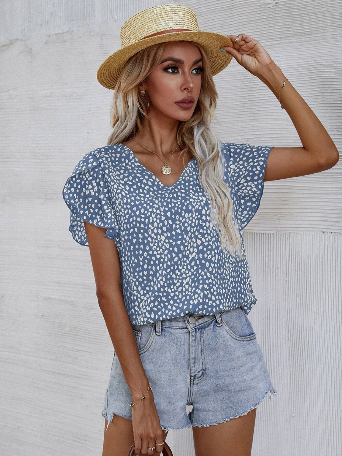 Honeybee Mumford's Printed V-Neck Petal Sleeve Blouse