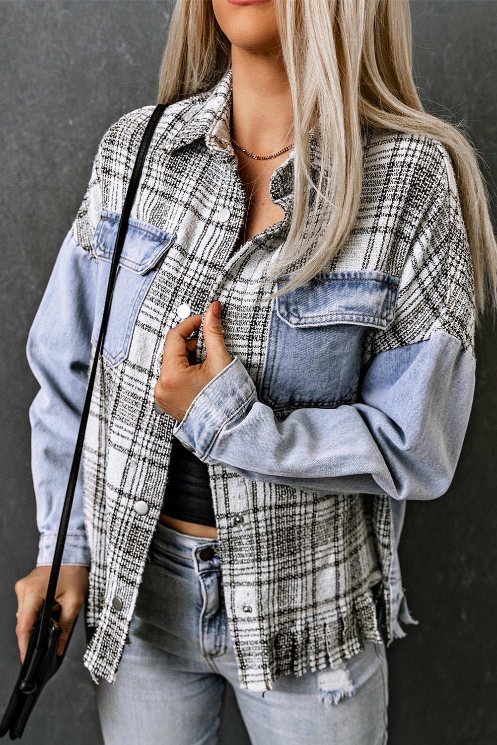 Honeybee Mumford's Sky Blue Plaid Patchwork Fringed Flap Pockets Denim Jacket