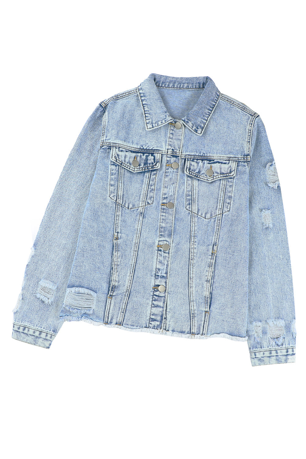 Honeybee Mumford's Blue Lapel Distressed Raw Hem Buttons Denim Jacket