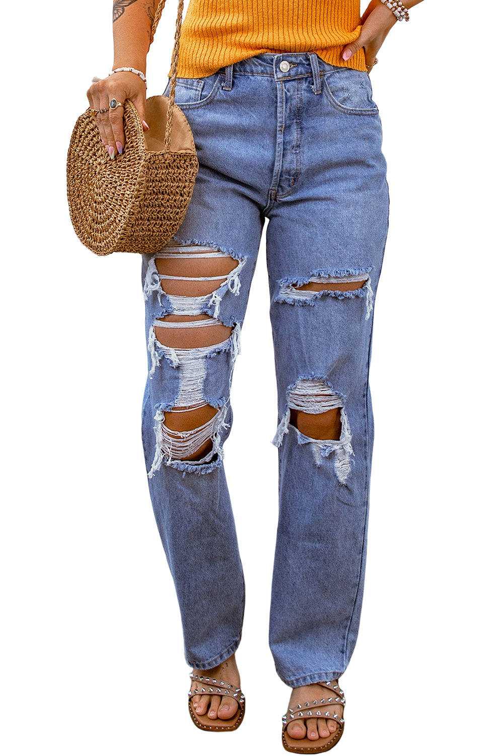 Honeybee Mumford's Sky Blue Heavy Destroyed Big Hole Boyfriend Jeans