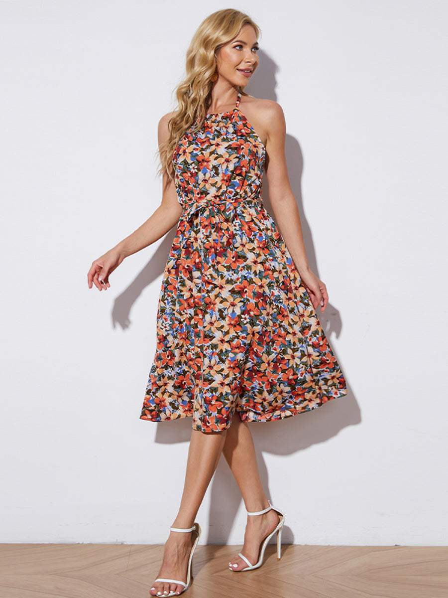 Honeybee Mumford's Floral Halter Necktie-Waist Backless Dress