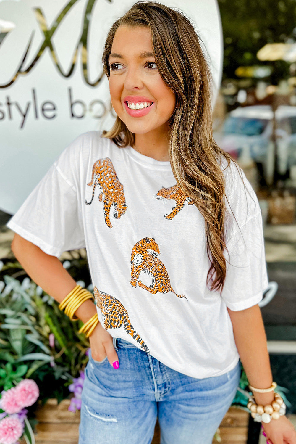 Honeybee Mumford's White Leopard Print Drop Shoulder Casual T Shirt