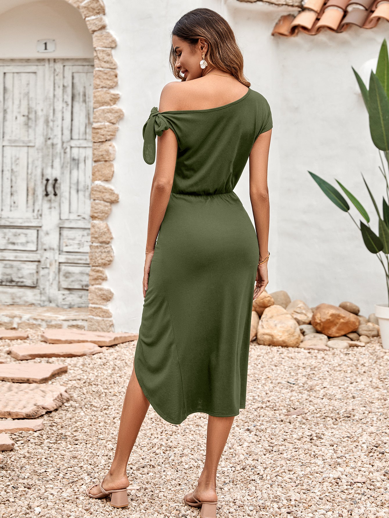 Honeybee Mumford's Asymmetrical Front Slit Midi Dress