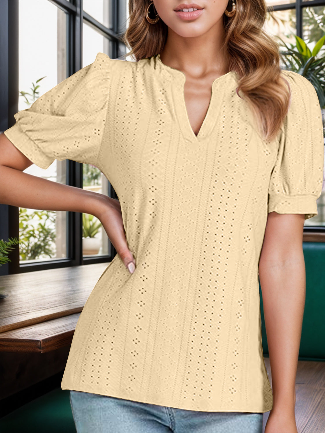 Honeybee Mumford's Eyelet Notched Short Sleeve Blouse