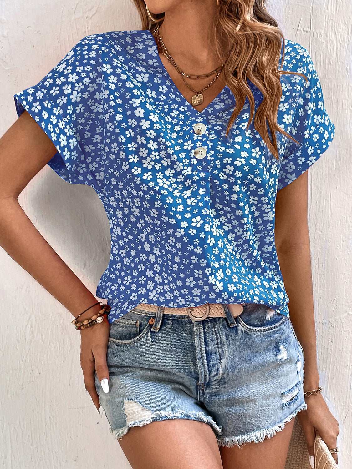 Honeybee Mumford's Printed V-Neck Short Sleeve Blouse