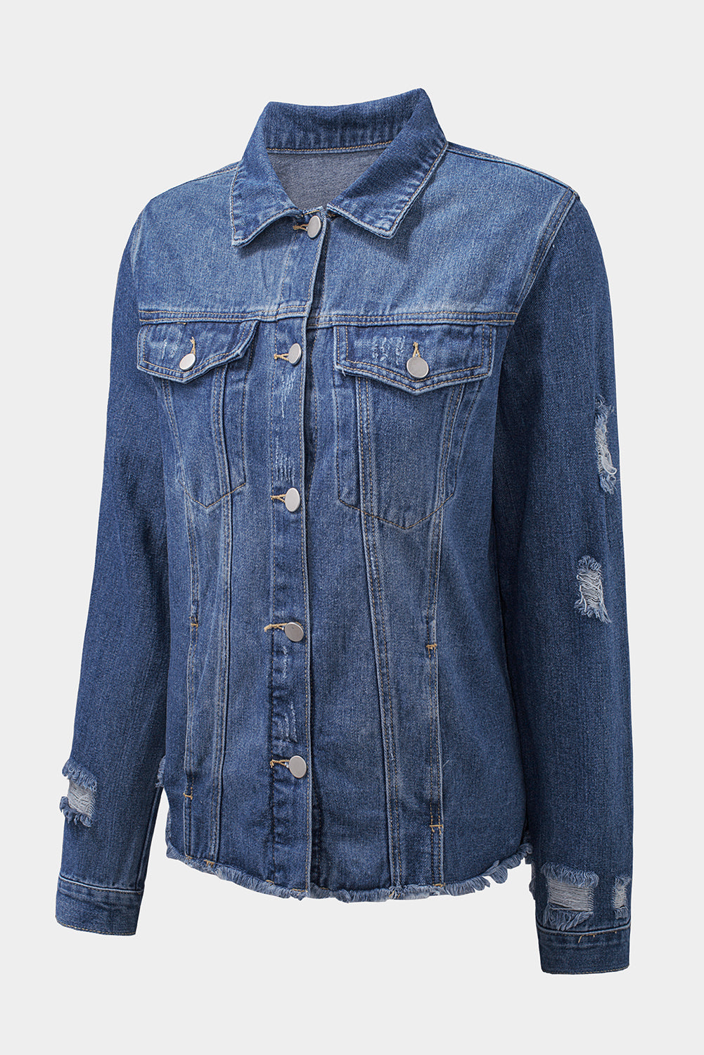 Honeybee Mumford's Blue Lapel Distressed Raw Hem Buttons Denim Jacket