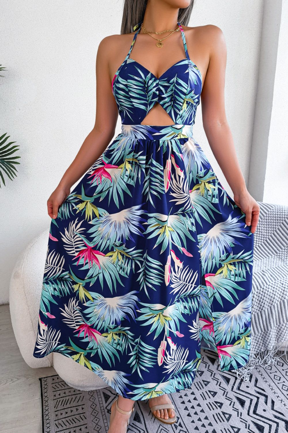 Honeybee Mumford's Botanical Tied Backless Cutout Maxi Dress