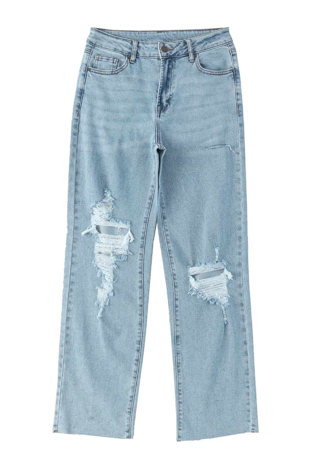 Honeybee Mumford's Sky Blue Distressed Frayed Hem Holed Straight Leg Loose Jeans