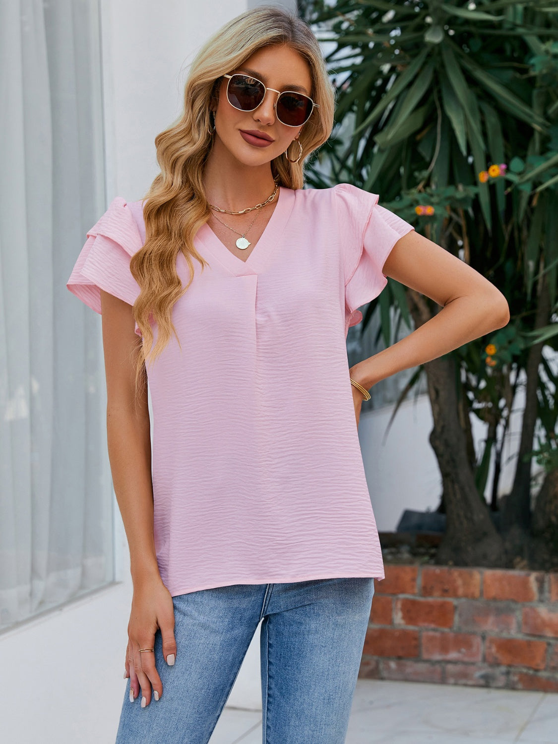 Honeybee Mumford's V-Neck Flounce Sleeve Blouse