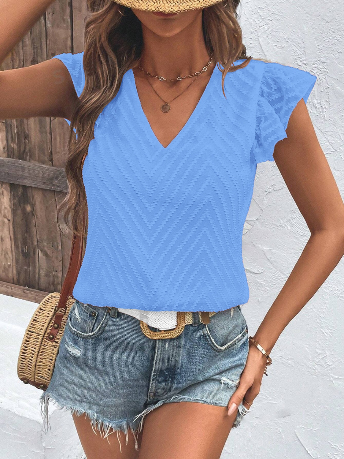 Honeybee Mumford's Textured V-Neck Cap Sleeve Blouse