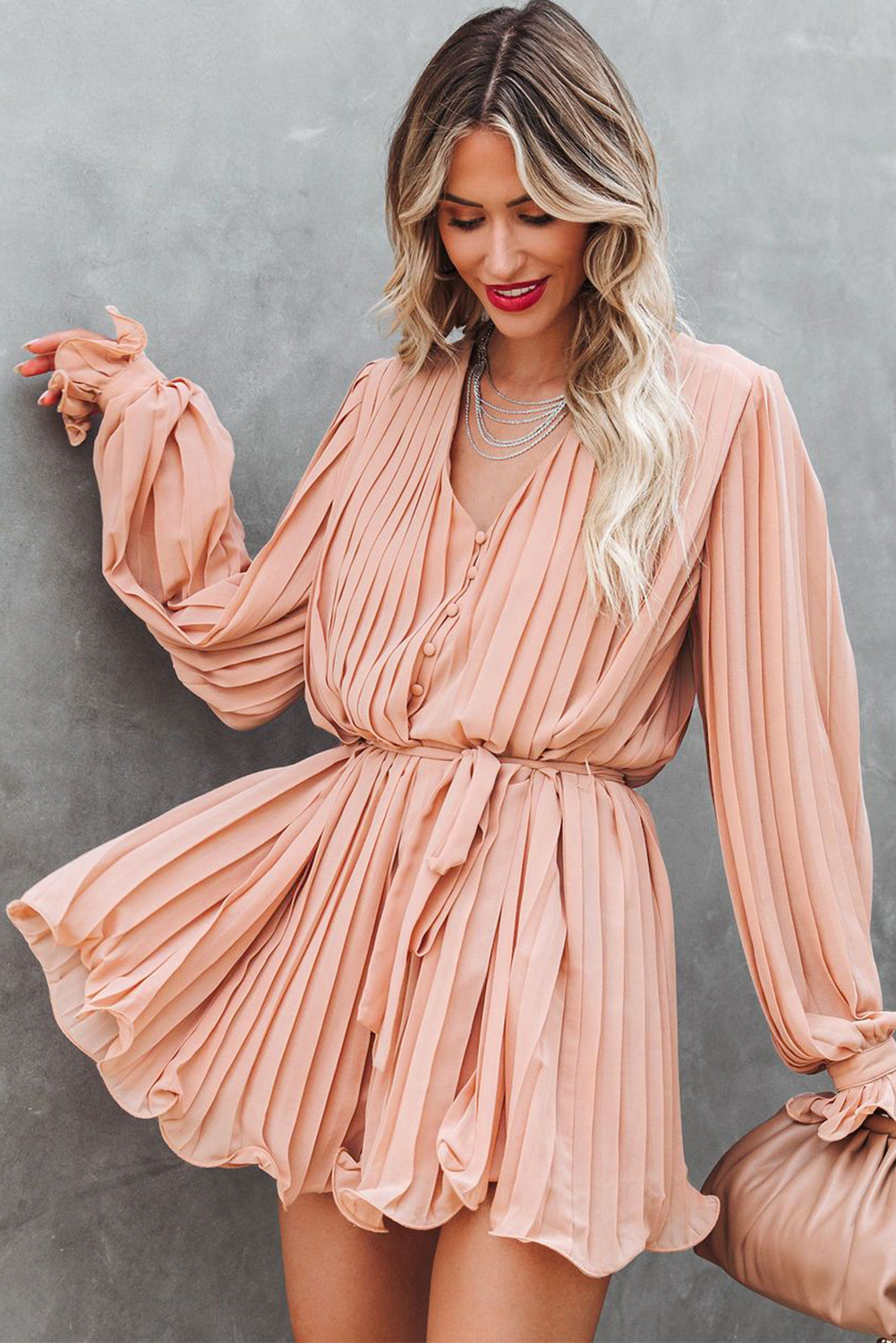 Honeybee Mumford's Pink Pleated Ruffled Tie Waist Buttons V Neck Romper