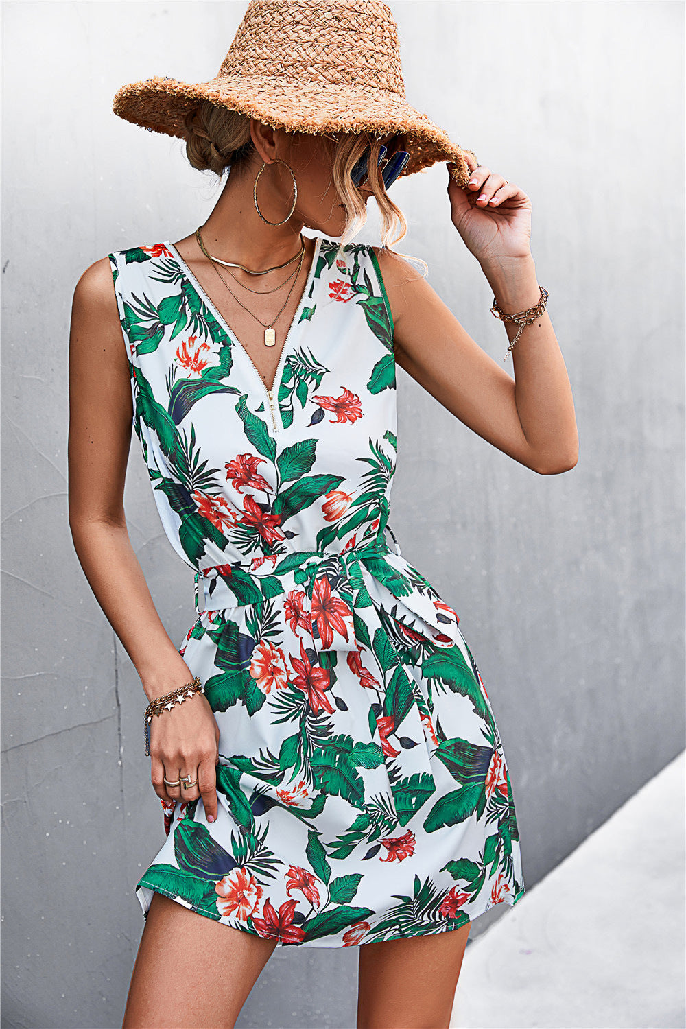 Honeybee Mumford's Printed Zip Detail Belted Sleeveless Dress